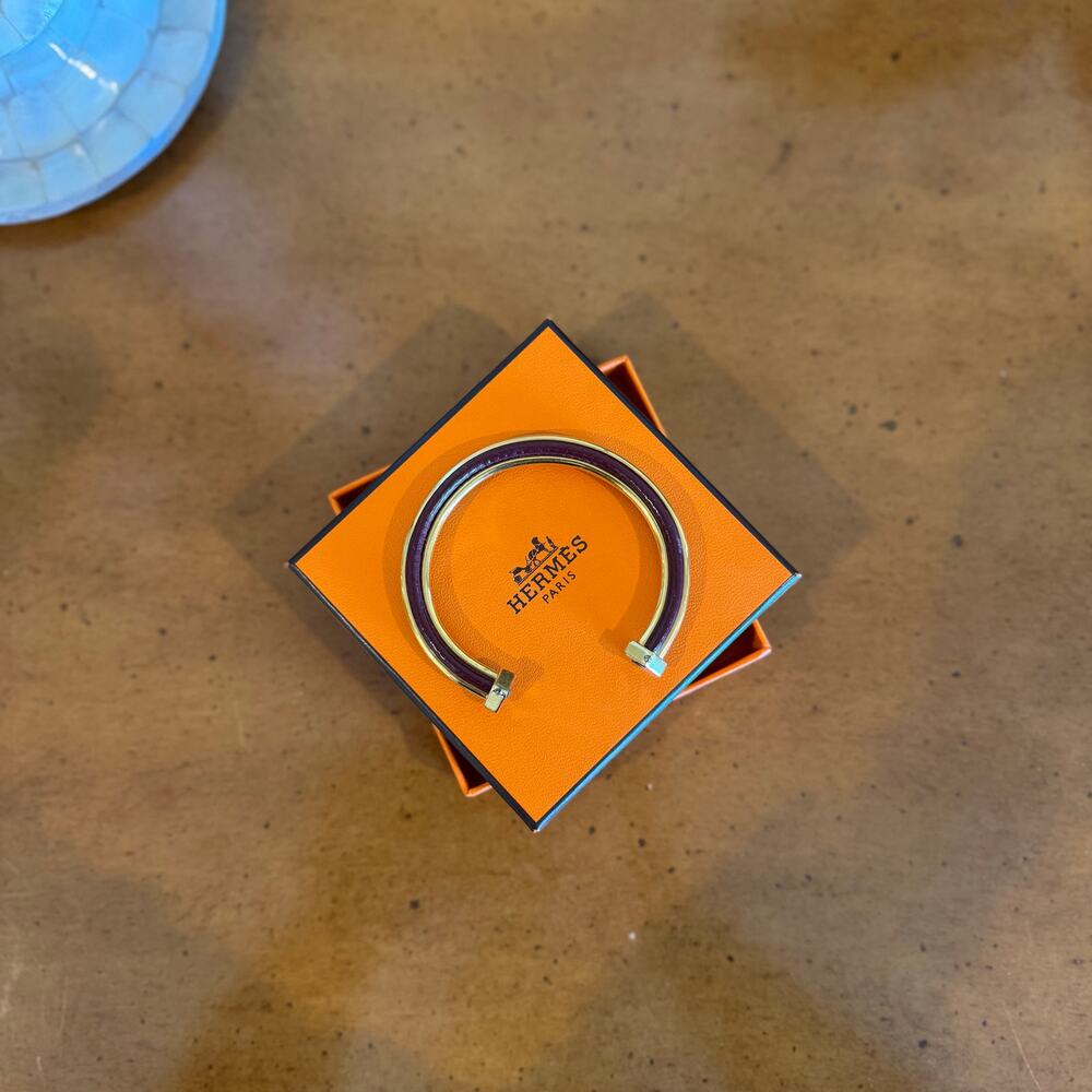 Hermes Gold Burgundy Leather Bangle Cuff Bracelet - Picture 4 of 10